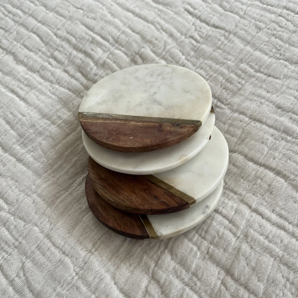 Hand Carved‎ Marble Brass & Wood Coasters - Set of 4